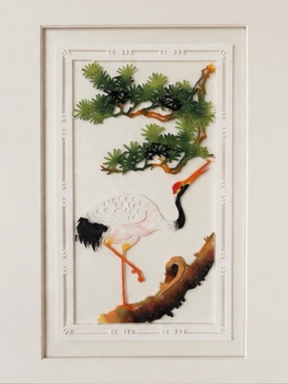 Vintage 1970’s Dimensional Layered Paper-Cut Artwork Asian Inspired Crane/Tree